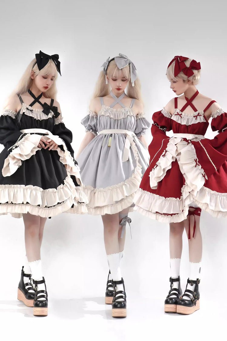 High-Waisted Asymmetric Ruffled Bowknot Gothic JSK