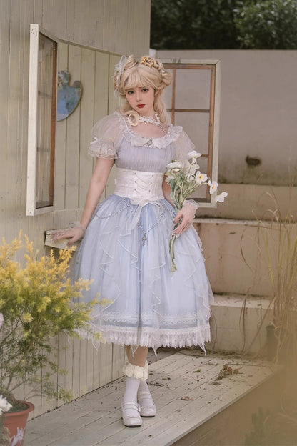 Blue Round-Collar Mermaid Tears Short-Sleeved Bow-Trim Sweet Princess Lolita Dress