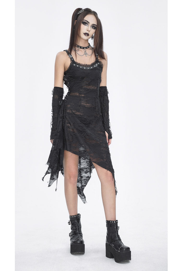 Asymmetric Strap Gothic Slip Dress with Lace Detail - NoirEdge