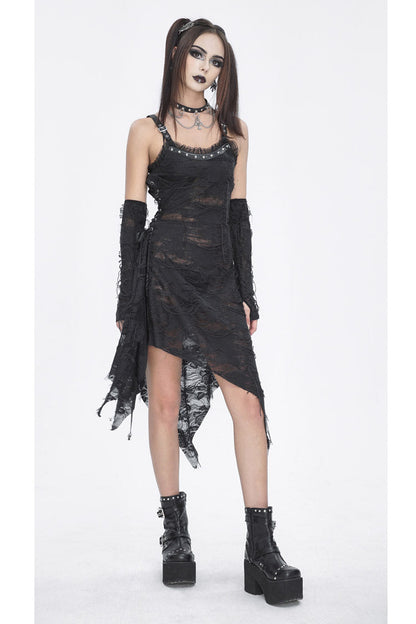 Asymmetric Strap Gothic Slip Dress with Lace Detail - NoirEdge
