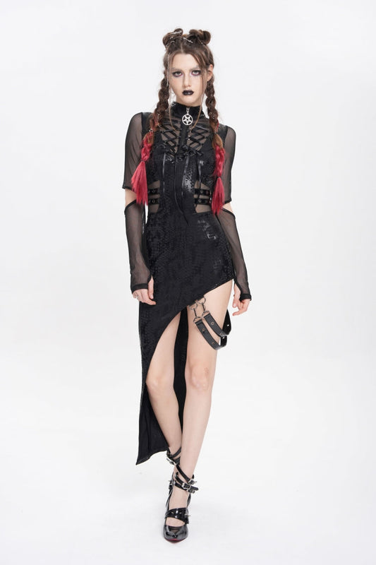 Stand Collar Long Sleeve Stitching Lace-Up Mesh Punk Dress
