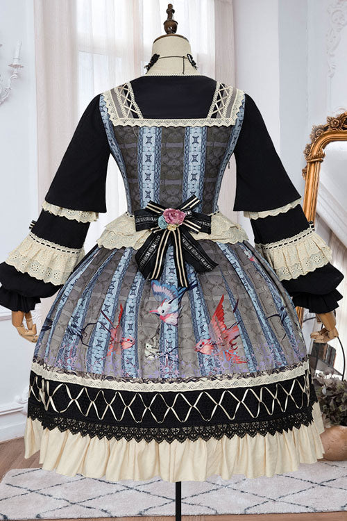 Mirror Finch Print Cardigan Ruffled Classic Lolita OP Dress