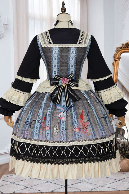 Mirror Finch Print Cardigan Ruffled Classic Lolita OP Dress