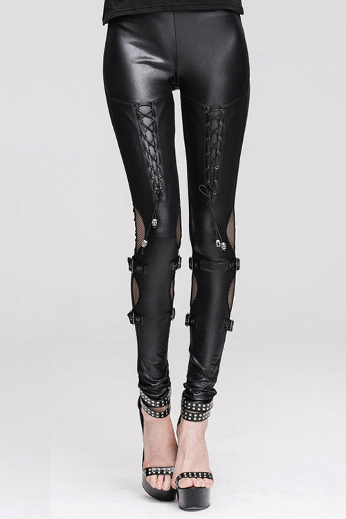 Gothic Cutout Faux Leather Lace-Up Slim Leggings