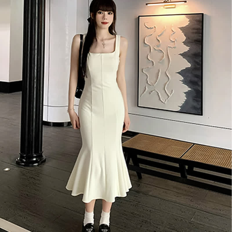 Elegant Cross Knit Sweater Square Collar Fishtail Slip Dress