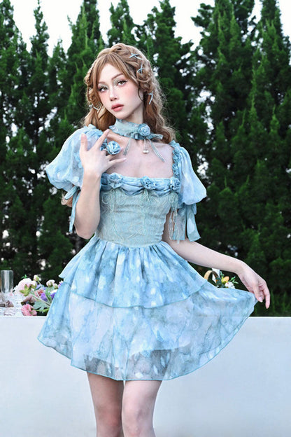 Blue Square Collar Short Puff Sleeve Multi-Layer Print Ruffle Bow Tie-Dye Sweet Princess Lolita Dress