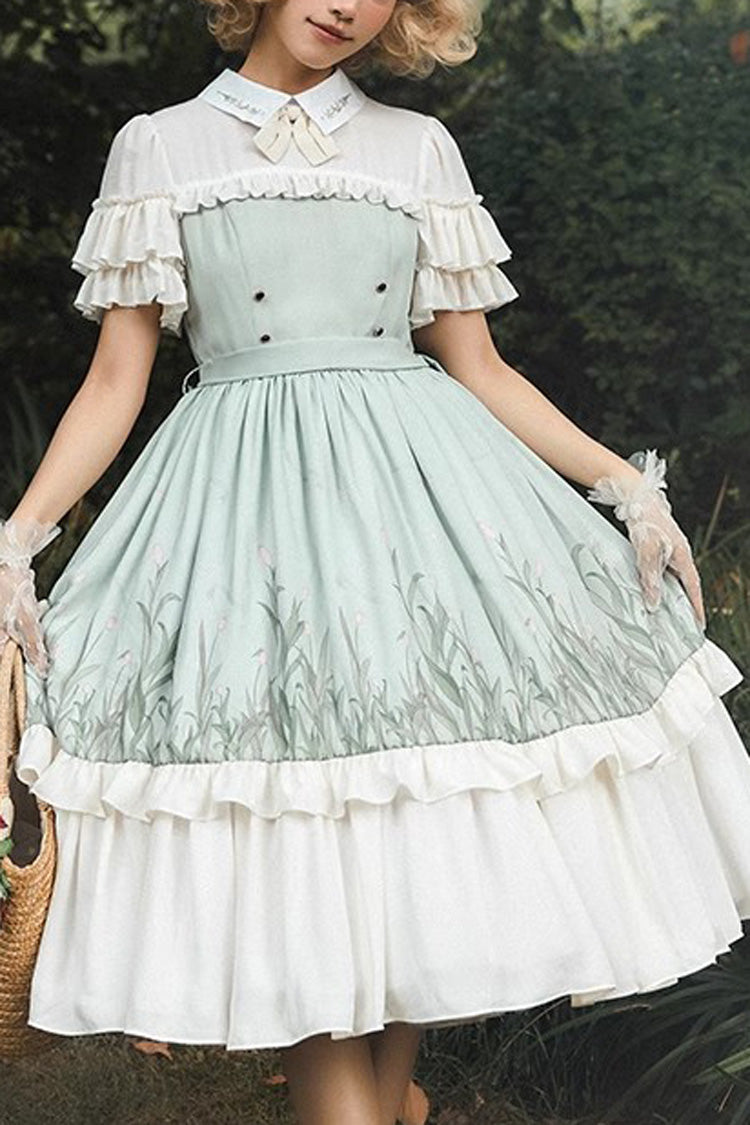 White and Green Lapel-Collar Wizard Of Oz Short-Sleeved Ruffled Bow-Trim Sweet Lolita Dress