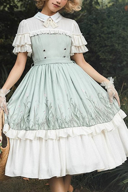 White and Green Lapel-Collar Wizard Of Oz Short-Sleeved Ruffled Bow-Trim Sweet Lolita Dress
