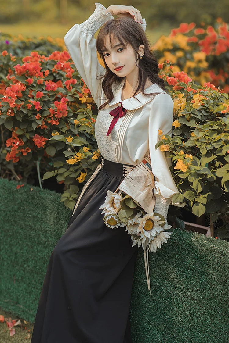 Black Lapel Collar Long Sleeves High Waist Lace-Up Wave Hem Classic Lolita Two-Piece Set