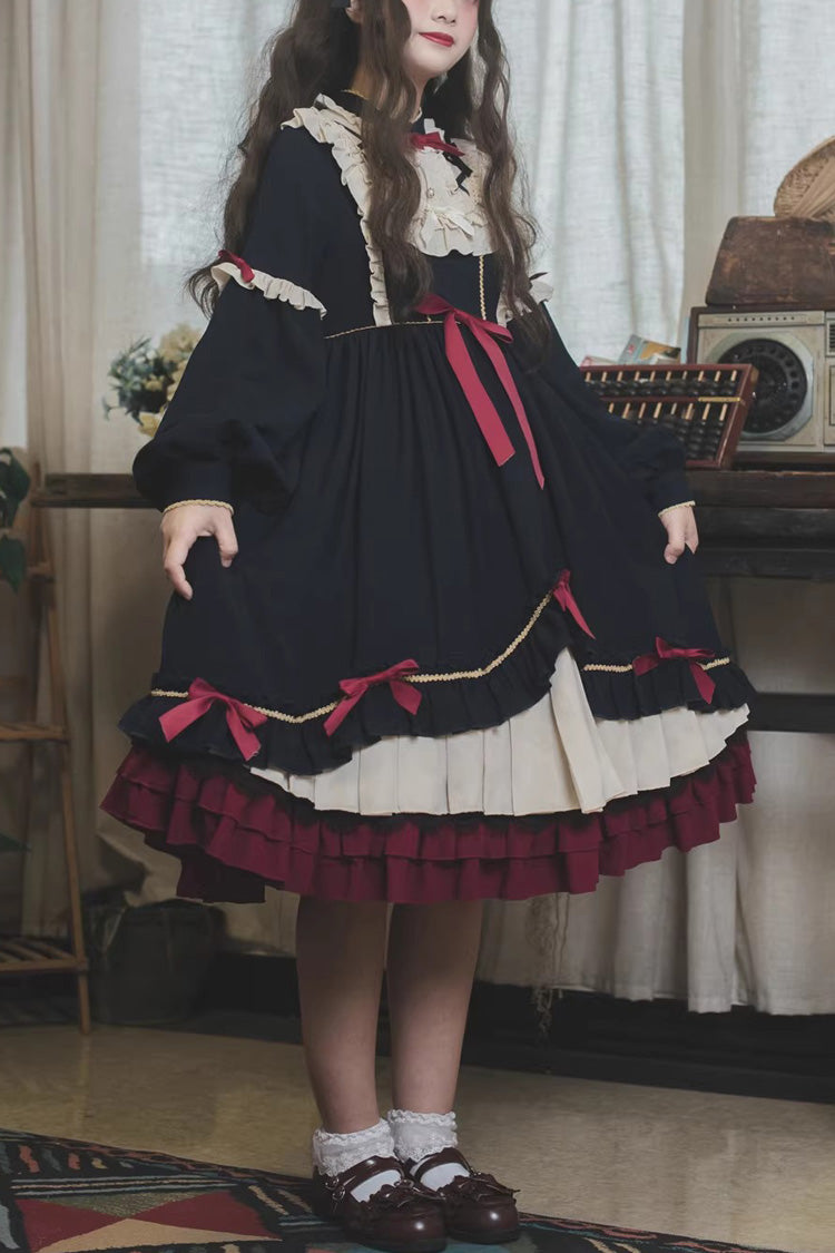 Blue Long Sleeves Ruffle Bow Daily Sweet Princess Lolita Dress