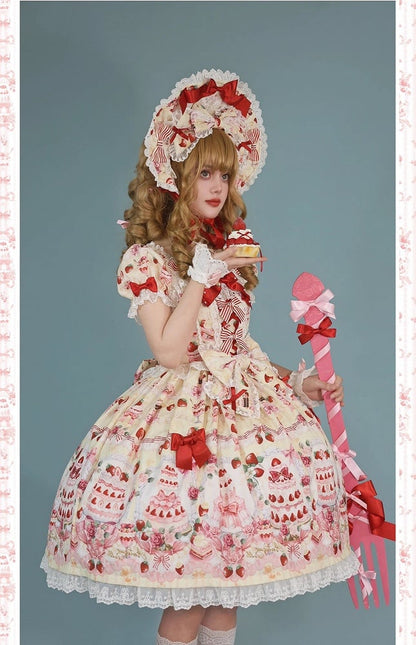 Strawberry Cake Print Yellow Sweet Bow Accents Lolita Dress / Full Set