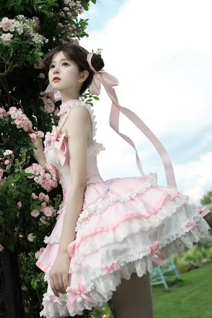 Rose Cherry Prelude Square Neck Sleeveless Layered Ruffled Bow Lace Embellished JSK Gown