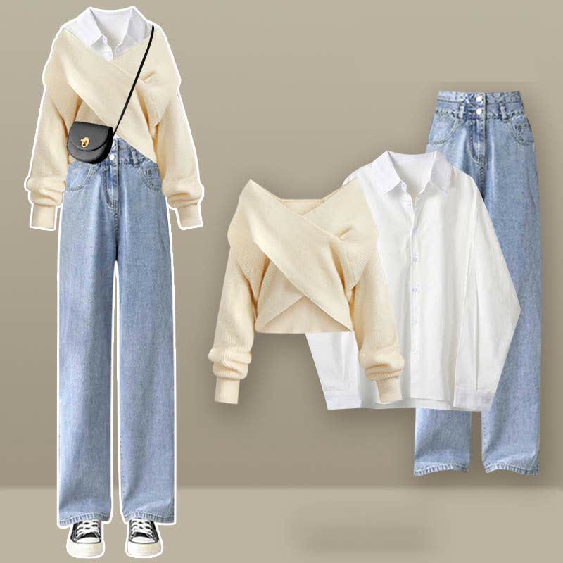 Ensemble pull en tricot croisé chic, chemise à revers, pantalon en denim