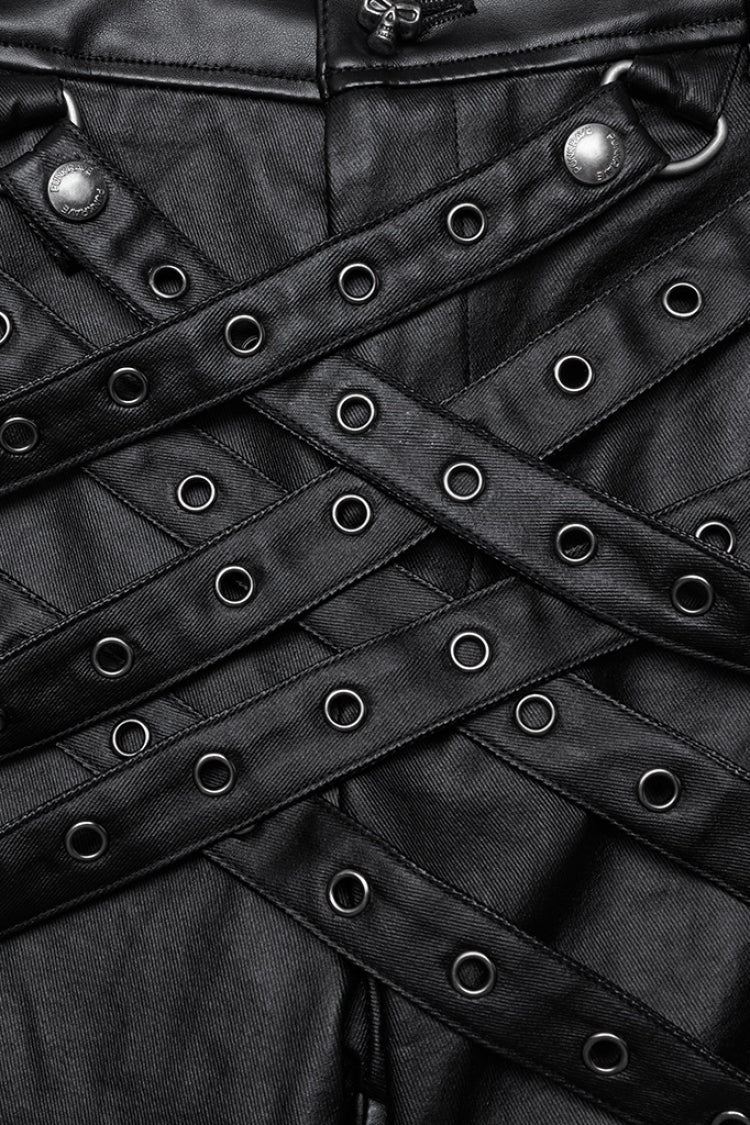 Punk Trousers with Buckle Straps and Mesh Accents