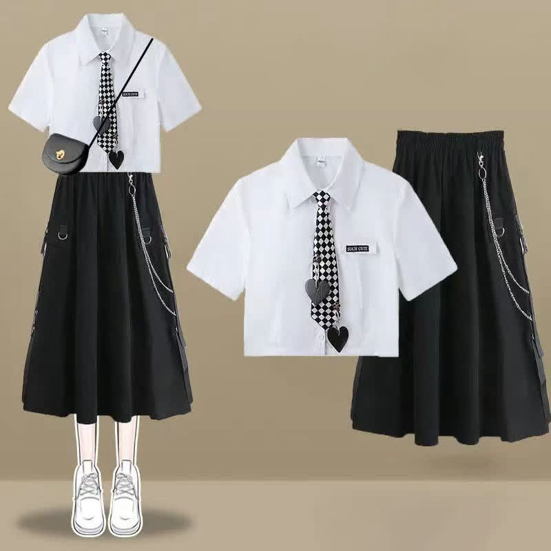 Love Heart Lattice Tie Polo T-Shirt Chain Cargo Skirt