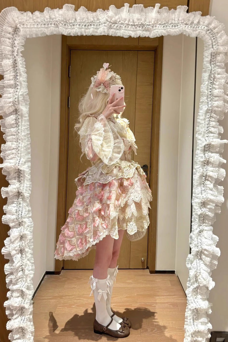 Rose Peacock Feather Tiered Ruffle Bride Cardigan Bow Lace Sweet Lolita JSK Set