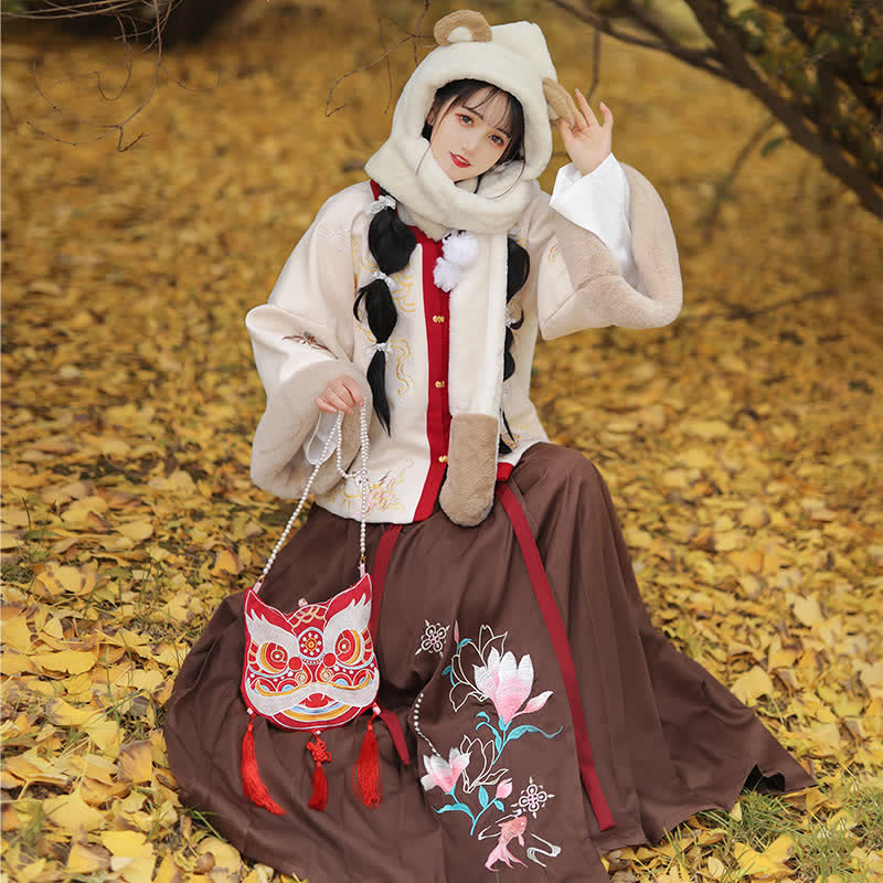 Vintage Floral Embroideried Coat Pleated Skirt Set