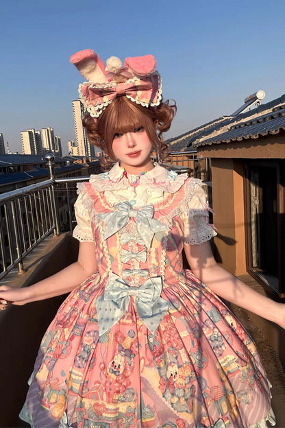 Pink Rainbow Buffy Bunny Sleeveless Double Layer Ribbon Doll Print Ruffle Bow Sweet Lolita JSK Set