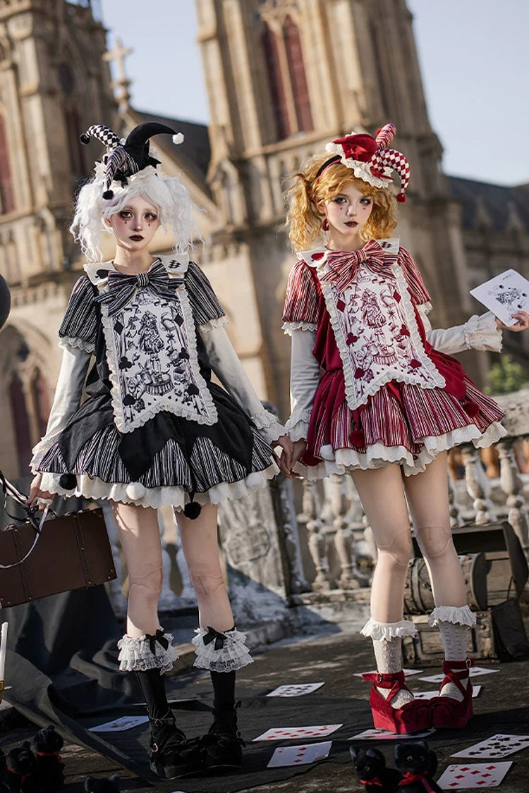 Letters and Poems Doll Mask Poker Clown Long Sleeves Ruffled Bow Gothic Lolita Dress Set