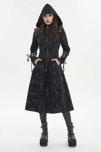 Long Punk Coat for Women with Hood and Irregular Print in Spliced Black Faux Leather