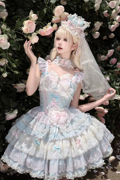 Sweet Lolita JSK Dress with Square Collar and Multi-Layered Ruffled Bow Lace