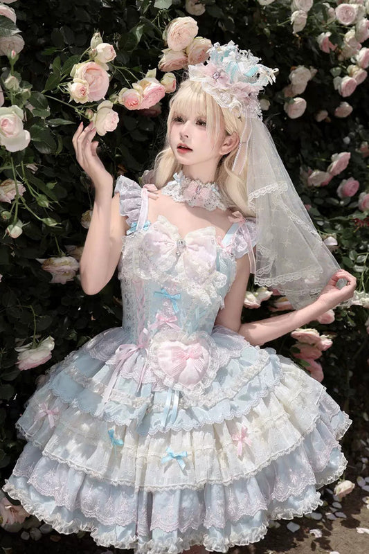 Sweet Lolita JSK Dress with Square Collar and Multi-Layered Ruffled Bow Lace