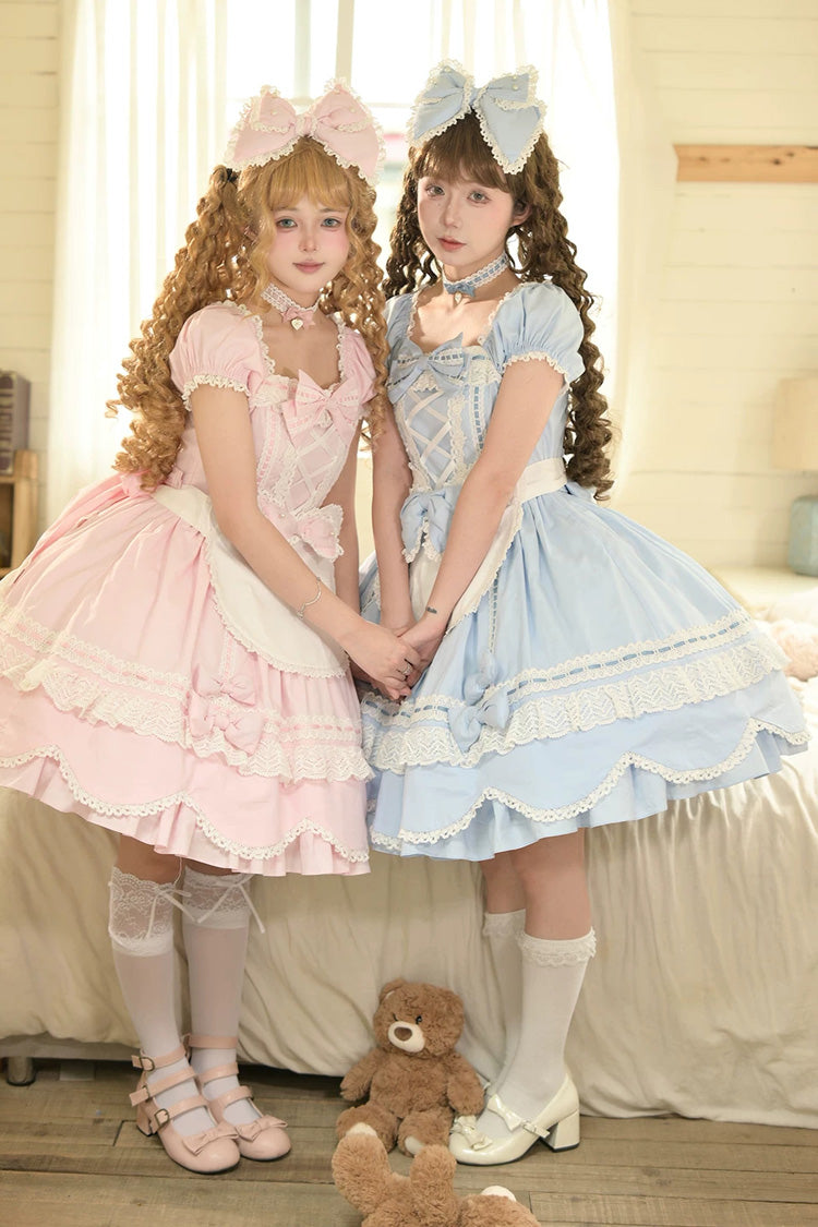 Square-Neck Cotton Dress with Double Ruffle Lace and Lacing