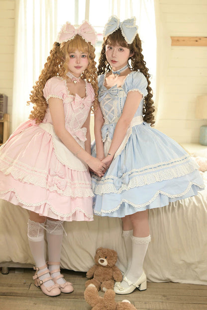 Square-Neck Cotton Dress with Double Ruffle Lace and Lacing