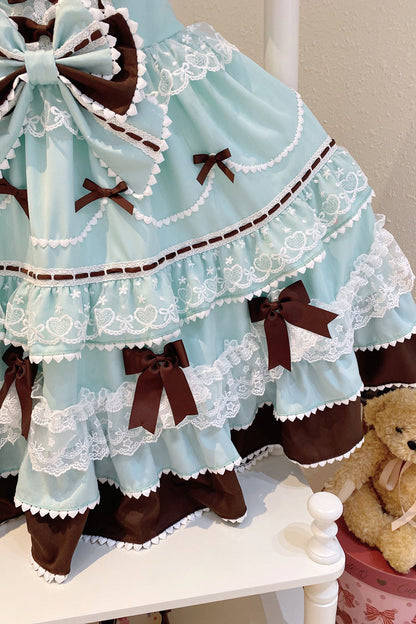 Mint Chocolate Fondant Cake Sleeveless Multi-Layer Ruffle Bow Lace Sweet JSK Dress