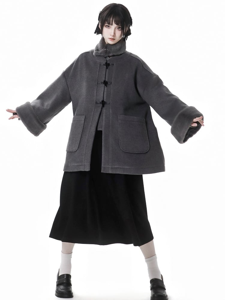 Gray Baggy Long Sleeves Plush Cuff Duffle Coat