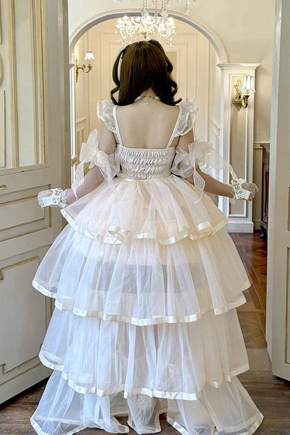 Rose Mousse Love Song Off Shoulder Sleeveless Triple Ruffled Bride Bow Elegant Ballet Short Set