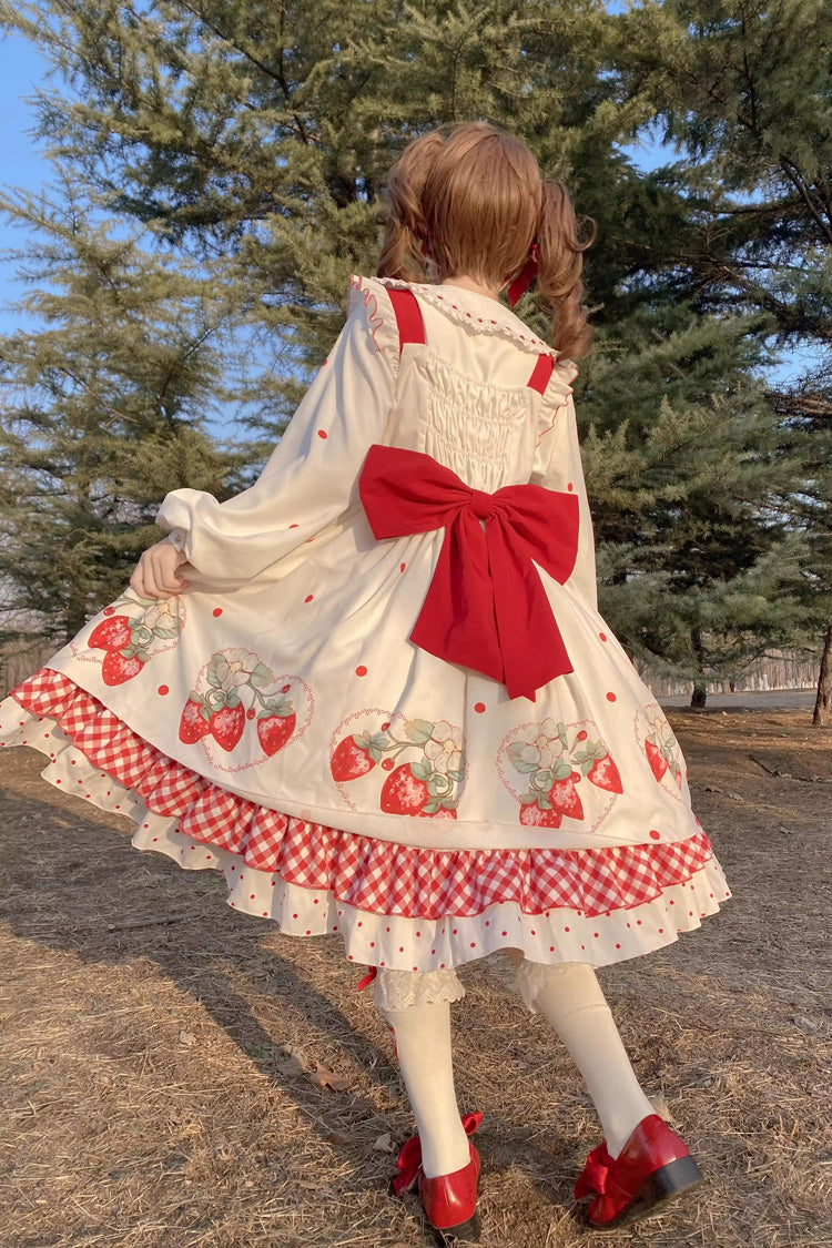White Strawberry Printed Ruffled Bow-Trim Sweet Lolita Dress Set