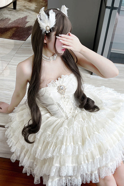 Heartbeat at First Sight Off-Shoulder Sleeveless Multi-Layered Ruffle Bowknot Lace Lace-Up Sweet Princess Gorgeous Lolita Dress in Beige