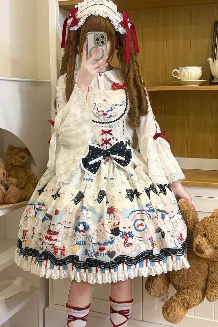 Mystery Rabbit Tea Party Sleeveless Print Ruffle Bowknot Lace Sweet Lolita JSK Dress in Beige