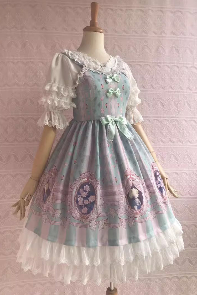 Double Layer Rose Lover Print Ruffle Jsk Dress - Sweet Lolita