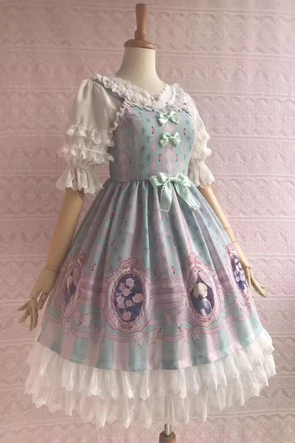 Double Layer Rose Lover Print Ruffle Jsk Dress - Sweet Lolita