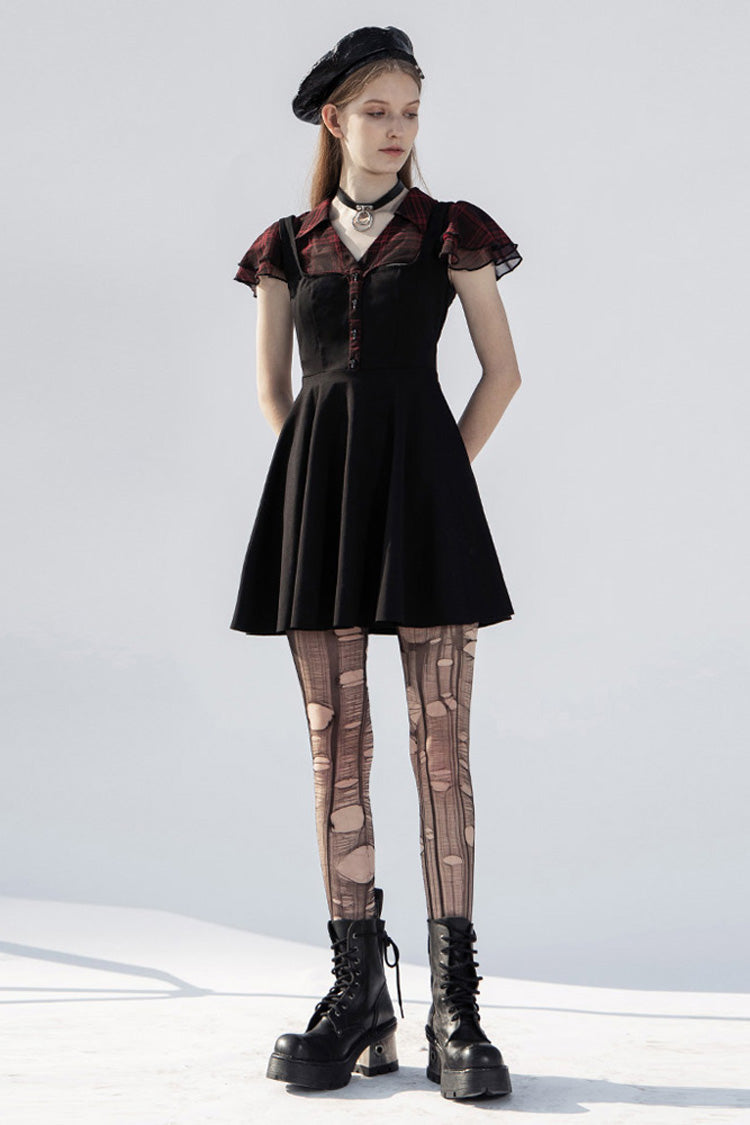 V-Neck Ruffled Chiffon Waisted Skull Punk Dress