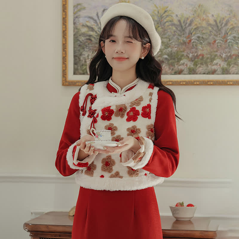 Red Flowers Buckle Vest Bowknot Cheongsam Dress