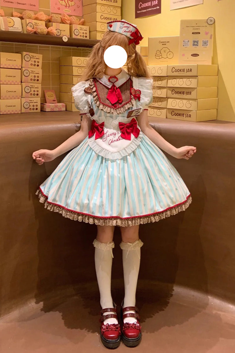 Emerald Jenny's Chocolate Short Sleeves Vertical Stripes Print Ruffle Bow Sweet Lolita Dress