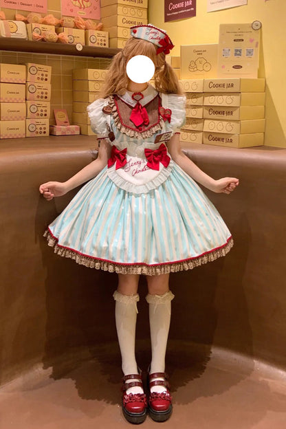 Emerald Jenny's Chocolate Short Sleeves Vertical Stripes Print Ruffle Bow Sweet Lolita Dress