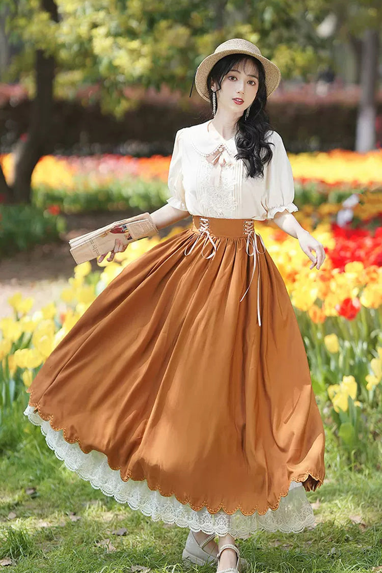Solid Color Lapel Collar Short Sleeves High Waist Lace-Up Wave Hem Classic Lolita Two-Piece Set 7 Colors