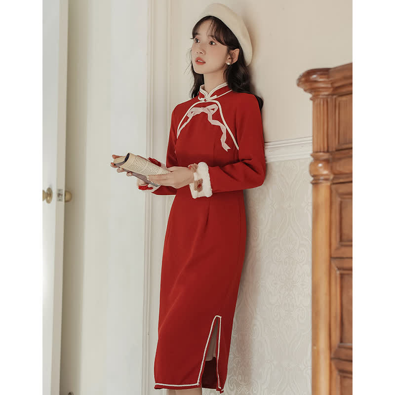 Rote Blumen Schnalle Weste Bowknot Cheongsam Kleid