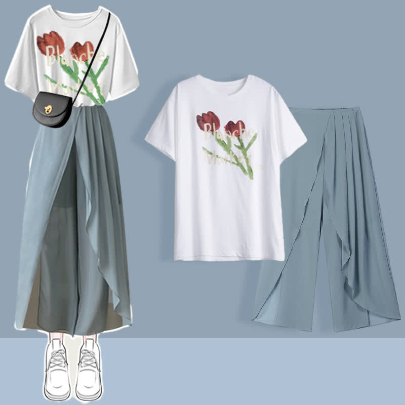 Pleated Split T-Shirt Pants Printed Set Chiffon