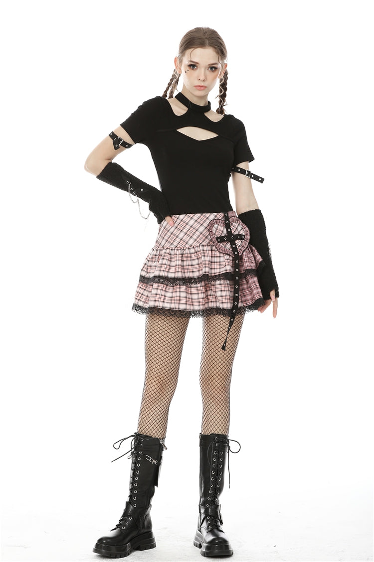 Pink Heart Plaid Double-Layer Ruffled Mini Skirt with Lace Hem