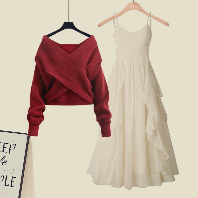 Two Pieces A-line Flouncing Knit Slip Dress Cross Sweater