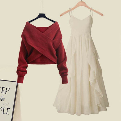 Two Pieces A-line Flouncing Knit Slip Dress Cross Sweater