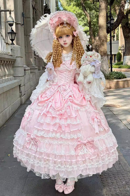 Rose Curtain Ode Tiered Ruffle Bride Open Front Bow Lace Corset Sweet Long JSK Dress