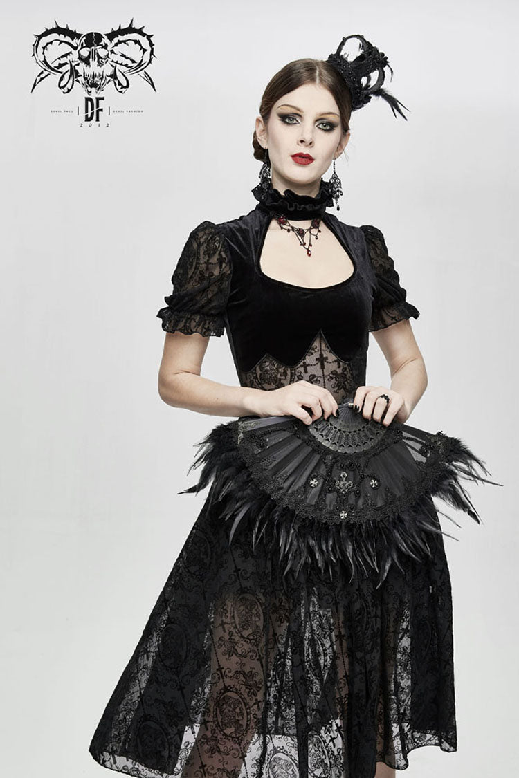 Gothic Crown Headwear with Feather Rose Lace Edging and Cross Accent