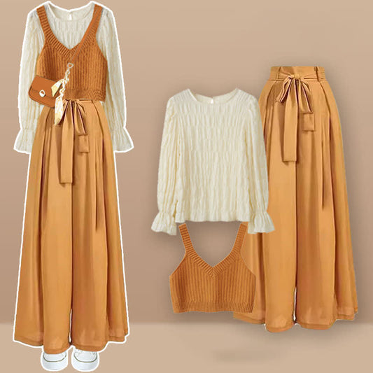Knit Vest Shirt V-neck Wide Leg Orange Pants