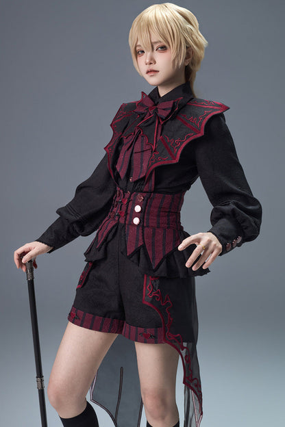 Demon Ritual Stand Collar Ouji Shorts Set with Embroidery - Noir